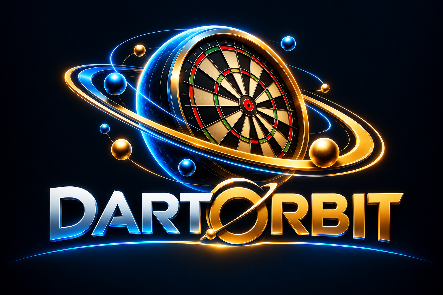 Offizielles DartOrbit-Logo mit planetenförmiger Dartscheibe und blau-goldenen Umlaufbahnen